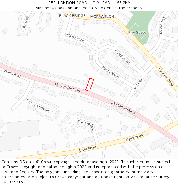 153, LONDON ROAD, HOLYHEAD, LL65 2NY: Location map and indicative extent of plot