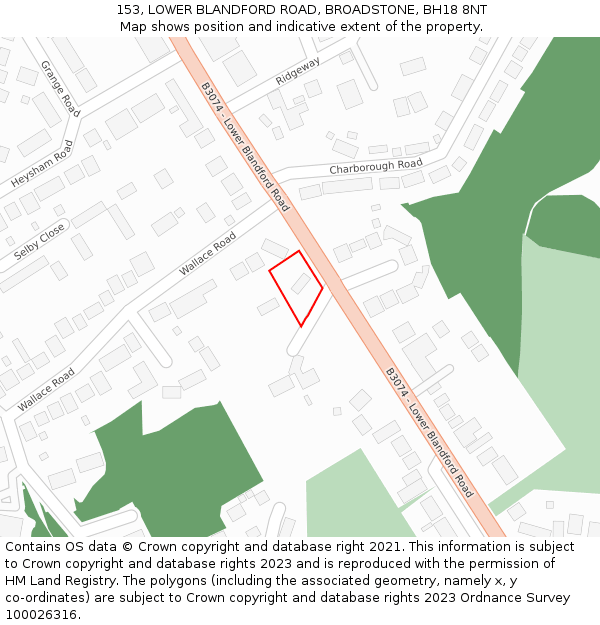 153, LOWER BLANDFORD ROAD, BROADSTONE, BH18 8NT: Location map and indicative extent of plot