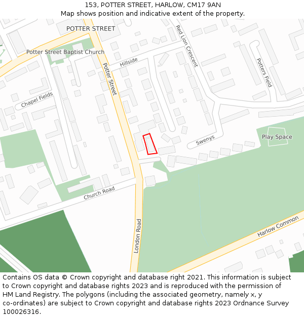 153, POTTER STREET, HARLOW, CM17 9AN: Location map and indicative extent of plot
