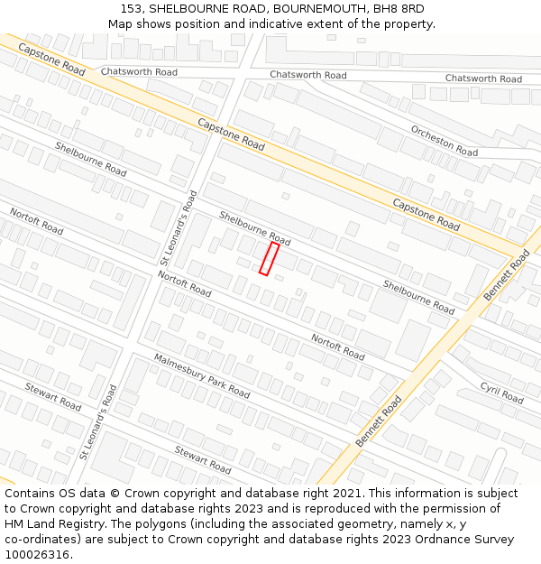 153, SHELBOURNE ROAD, BOURNEMOUTH, BH8 8RD: Location map and indicative extent of plot