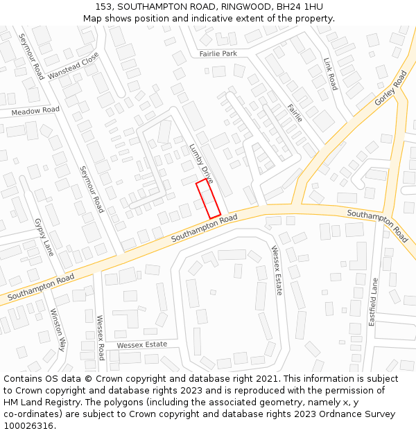 153, SOUTHAMPTON ROAD, RINGWOOD, BH24 1HU: Location map and indicative extent of plot