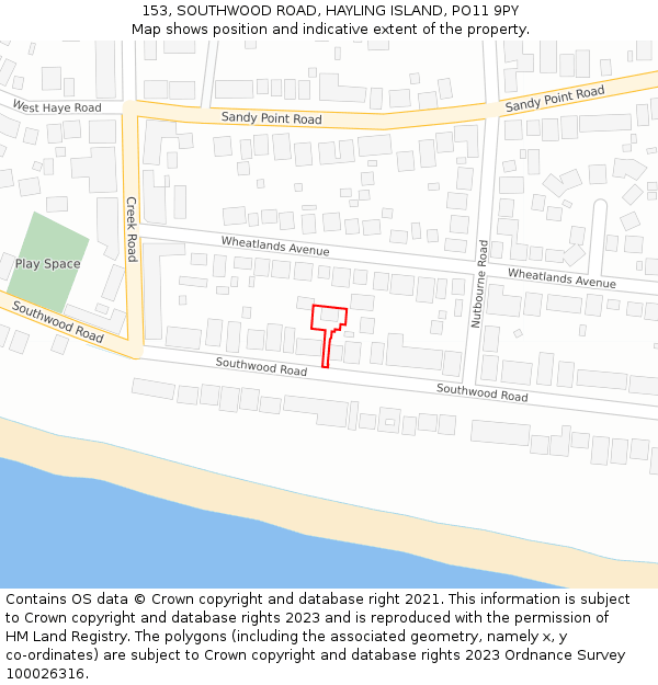 153, SOUTHWOOD ROAD, HAYLING ISLAND, PO11 9PY: Location map and indicative extent of plot