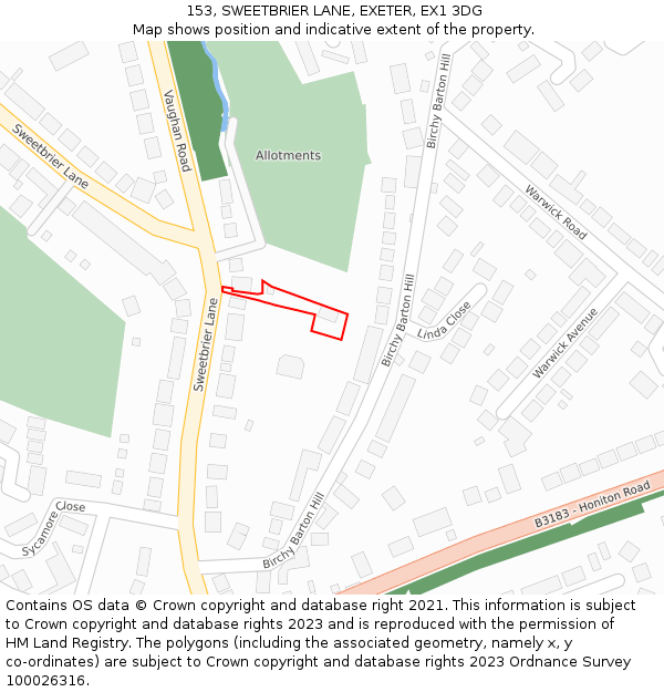 153, SWEETBRIER LANE, EXETER, EX1 3DG: Location map and indicative extent of plot