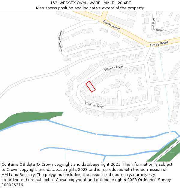 153, WESSEX OVAL, WAREHAM, BH20 4BT: Location map and indicative extent of plot