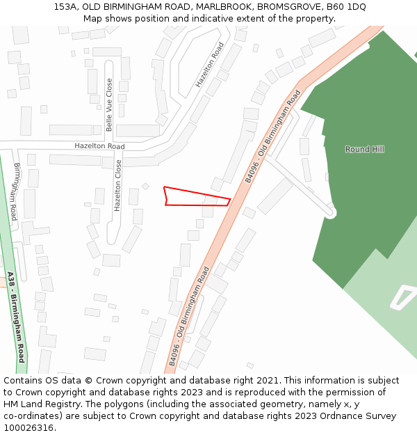 153A, OLD BIRMINGHAM ROAD, MARLBROOK, BROMSGROVE, B60 1DQ: Location map and indicative extent of plot