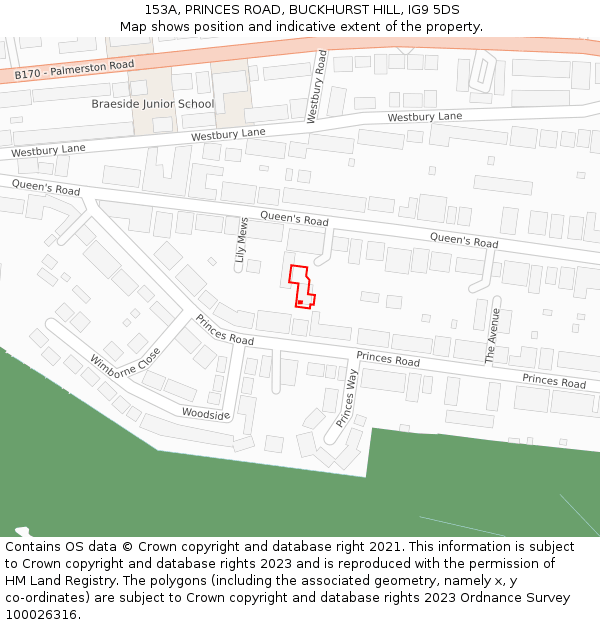 153A, PRINCES ROAD, BUCKHURST HILL, IG9 5DS: Location map and indicative extent of plot