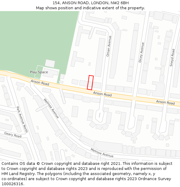 154, ANSON ROAD, LONDON, NW2 6BH: Location map and indicative extent of plot