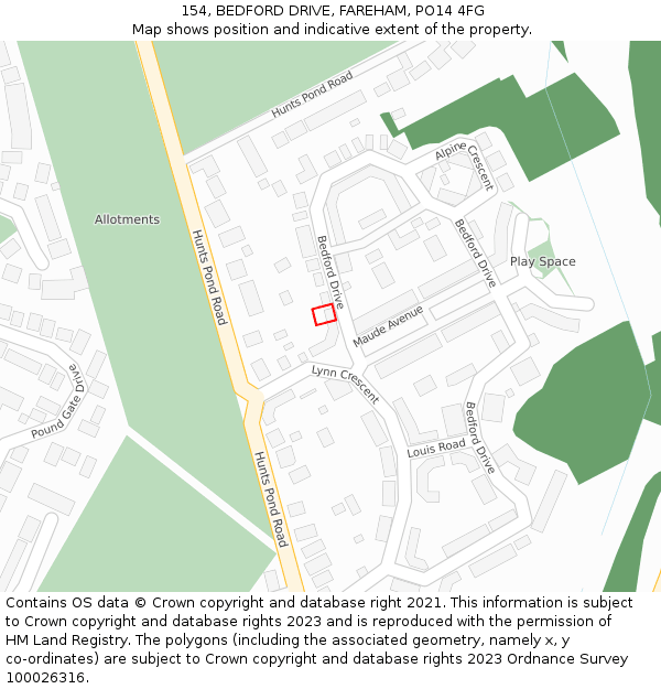 154, BEDFORD DRIVE, FAREHAM, PO14 4FG: Location map and indicative extent of plot