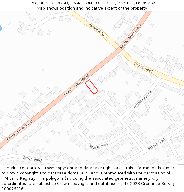 154, BRISTOL ROAD, FRAMPTON COTTERELL, BRISTOL, BS36 2AX: Location map and indicative extent of plot