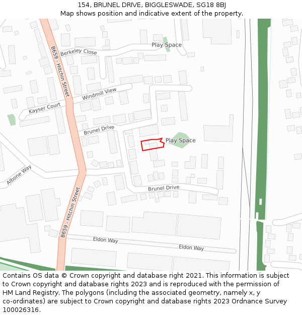 154, BRUNEL DRIVE, BIGGLESWADE, SG18 8BJ: Location map and indicative extent of plot