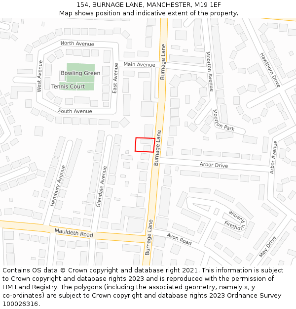 154, BURNAGE LANE, MANCHESTER, M19 1EF: Location map and indicative extent of plot