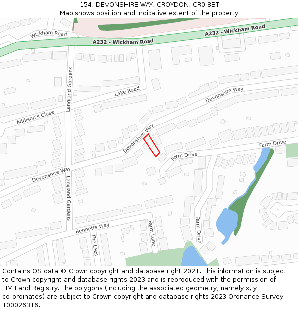 154, DEVONSHIRE WAY, CROYDON, CR0 8BT: Location map and indicative extent of plot