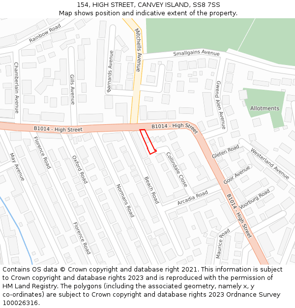154, HIGH STREET, CANVEY ISLAND, SS8 7SS: Location map and indicative extent of plot