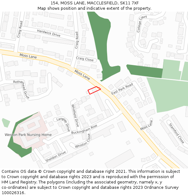 154, MOSS LANE, MACCLESFIELD, SK11 7XF: Location map and indicative extent of plot