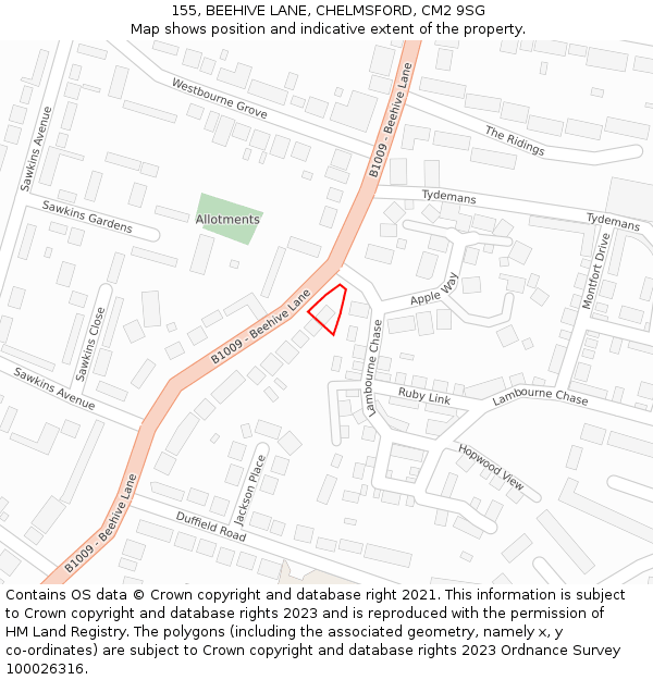 155, BEEHIVE LANE, CHELMSFORD, CM2 9SG: Location map and indicative extent of plot
