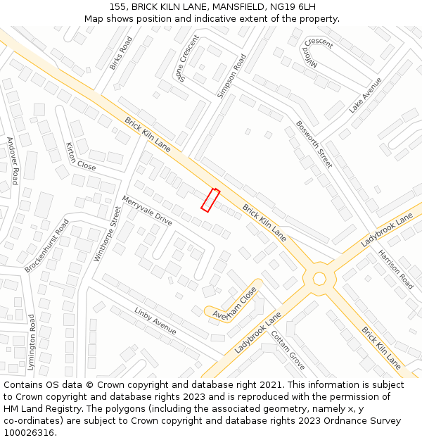 155, BRICK KILN LANE, MANSFIELD, NG19 6LH: Location map and indicative extent of plot