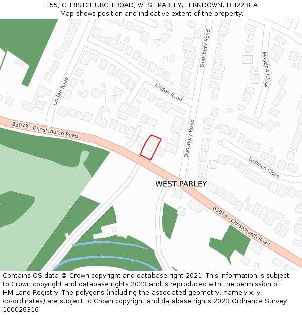 155, CHRISTCHURCH ROAD, WEST PARLEY, FERNDOWN, BH22 8TA: Location map and indicative extent of plot