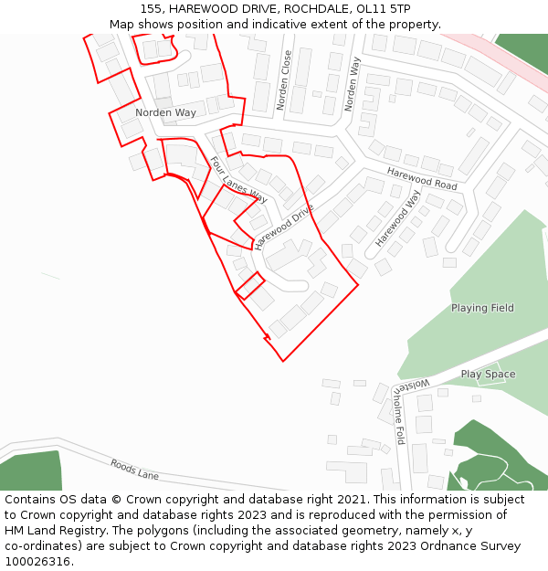 155, HAREWOOD DRIVE, ROCHDALE, OL11 5TP: Location map and indicative extent of plot