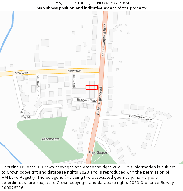 155, HIGH STREET, HENLOW, SG16 6AE: Location map and indicative extent of plot