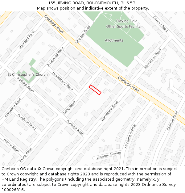 155, IRVING ROAD, BOURNEMOUTH, BH6 5BL: Location map and indicative extent of plot