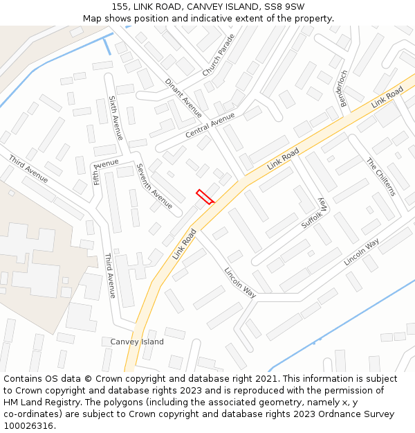 155, LINK ROAD, CANVEY ISLAND, SS8 9SW: Location map and indicative extent of plot