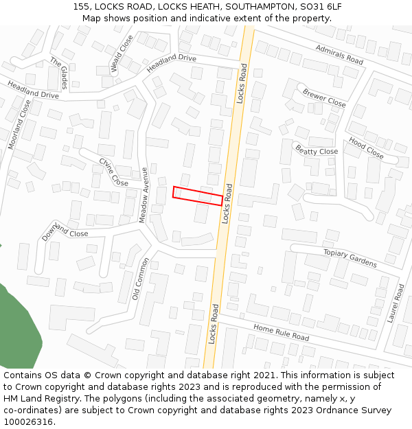 155, LOCKS ROAD, LOCKS HEATH, SOUTHAMPTON, SO31 6LF: Location map and indicative extent of plot