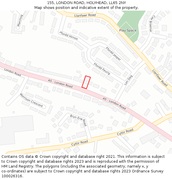 155, LONDON ROAD, HOLYHEAD, LL65 2NY: Location map and indicative extent of plot