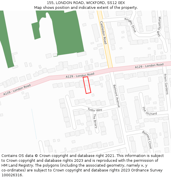 155, LONDON ROAD, WICKFORD, SS12 0EX: Location map and indicative extent of plot