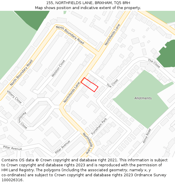 155, NORTHFIELDS LANE, BRIXHAM, TQ5 8RH: Location map and indicative extent of plot