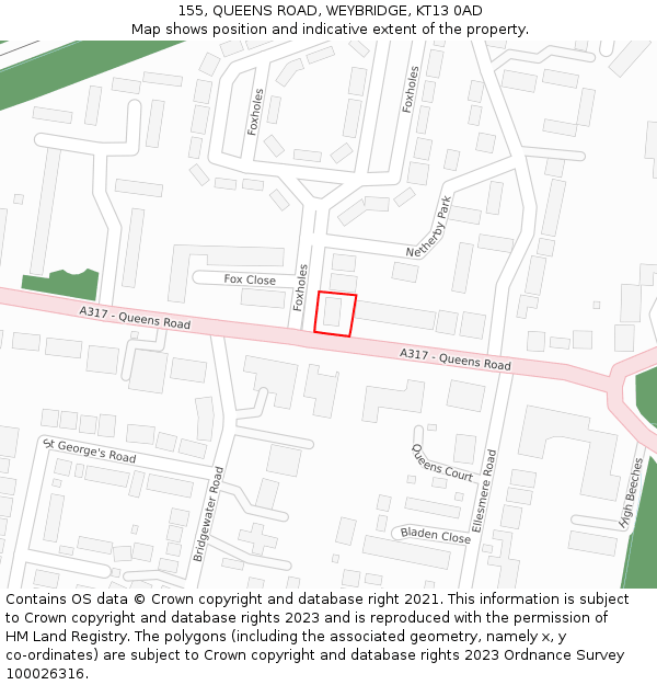 155, QUEENS ROAD, WEYBRIDGE, KT13 0AD: Location map and indicative extent of plot
