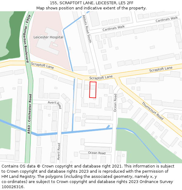 155, SCRAPTOFT LANE, LEICESTER, LE5 2FF: Location map and indicative extent of plot