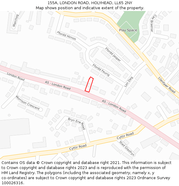 155A, LONDON ROAD, HOLYHEAD, LL65 2NY: Location map and indicative extent of plot