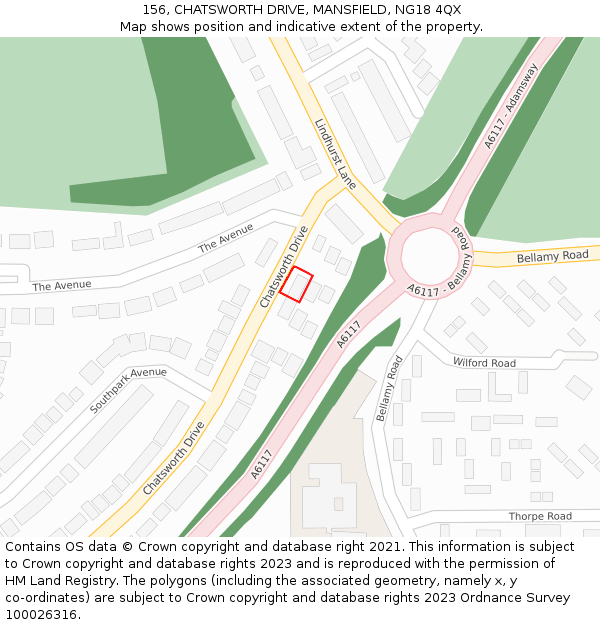 156, CHATSWORTH DRIVE, MANSFIELD, NG18 4QX: Location map and indicative extent of plot