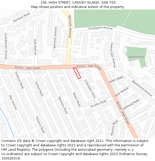 156, HIGH STREET, CANVEY ISLAND, SS8 7SS: Location map and indicative extent of plot