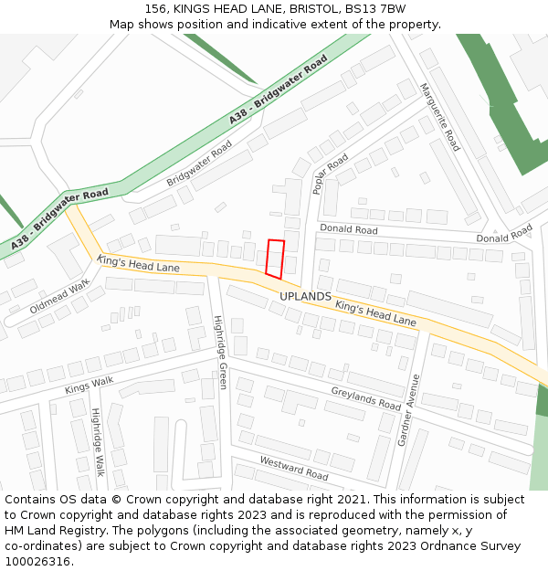156, KINGS HEAD LANE, BRISTOL, BS13 7BW: Location map and indicative extent of plot