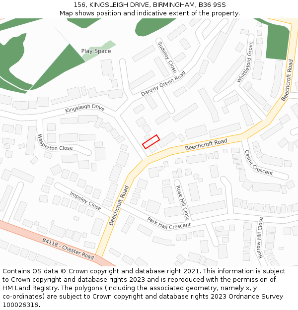 156, KINGSLEIGH DRIVE, BIRMINGHAM, B36 9SS: Location map and indicative extent of plot