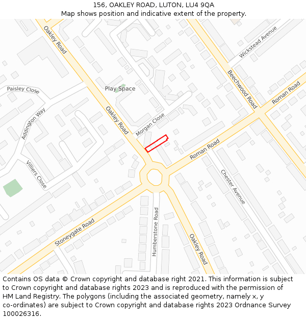 156, OAKLEY ROAD, LUTON, LU4 9QA: Location map and indicative extent of plot