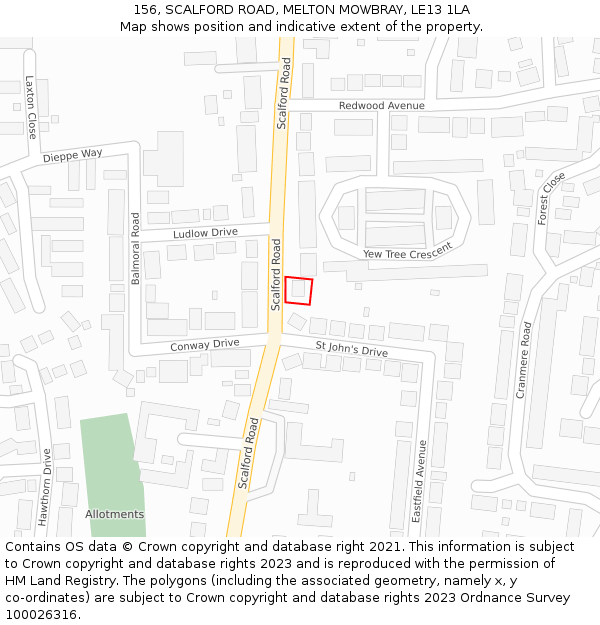 156, SCALFORD ROAD, MELTON MOWBRAY, LE13 1LA: Location map and indicative extent of plot