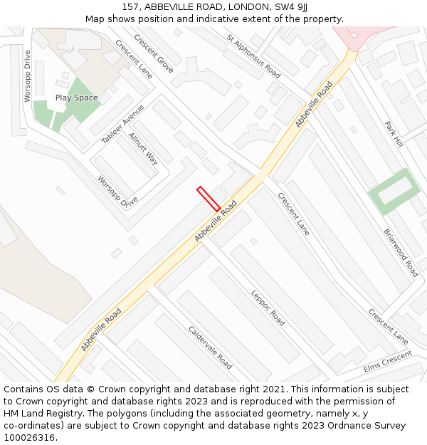 157, ABBEVILLE ROAD, LONDON, SW4 9JJ: Location map and indicative extent of plot