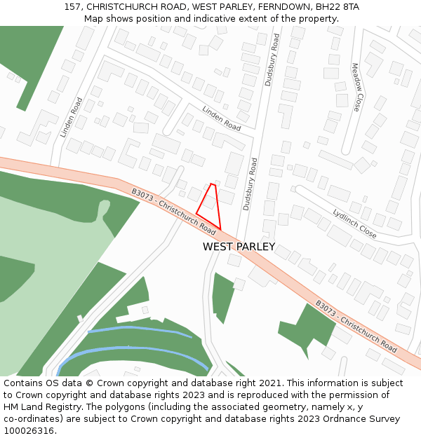 157, CHRISTCHURCH ROAD, WEST PARLEY, FERNDOWN, BH22 8TA: Location map and indicative extent of plot