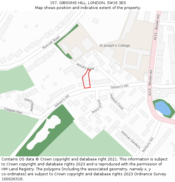 157, GIBSONS HILL, LONDON, SW16 3ES: Location map and indicative extent of plot