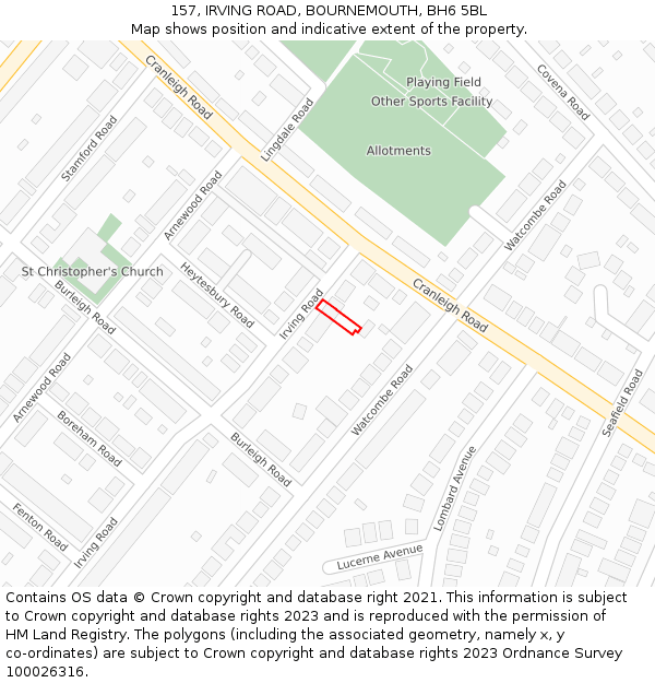 157, IRVING ROAD, BOURNEMOUTH, BH6 5BL: Location map and indicative extent of plot