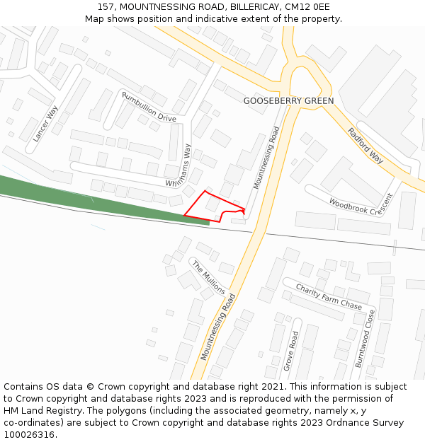 157, MOUNTNESSING ROAD, BILLERICAY, CM12 0EE: Location map and indicative extent of plot