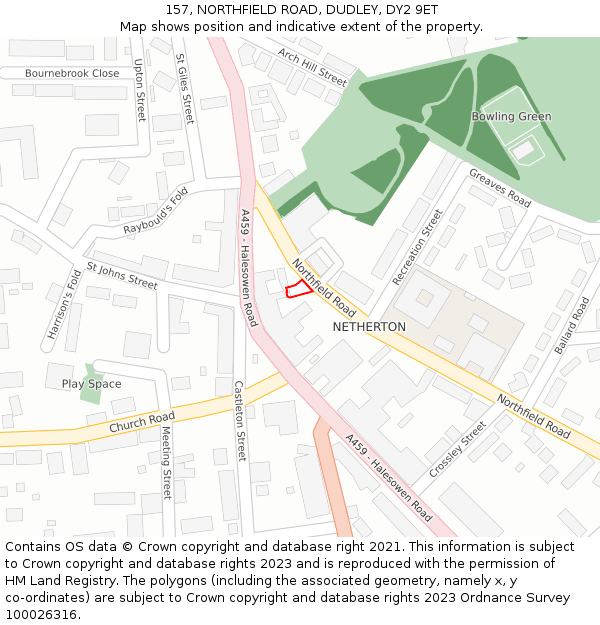 157, NORTHFIELD ROAD, DUDLEY, DY2 9ET: Location map and indicative extent of plot