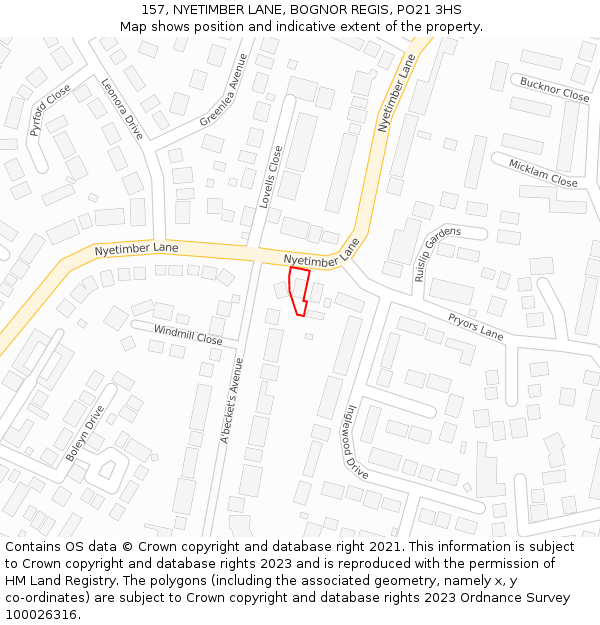 157, NYETIMBER LANE, BOGNOR REGIS, PO21 3HS: Location map and indicative extent of plot