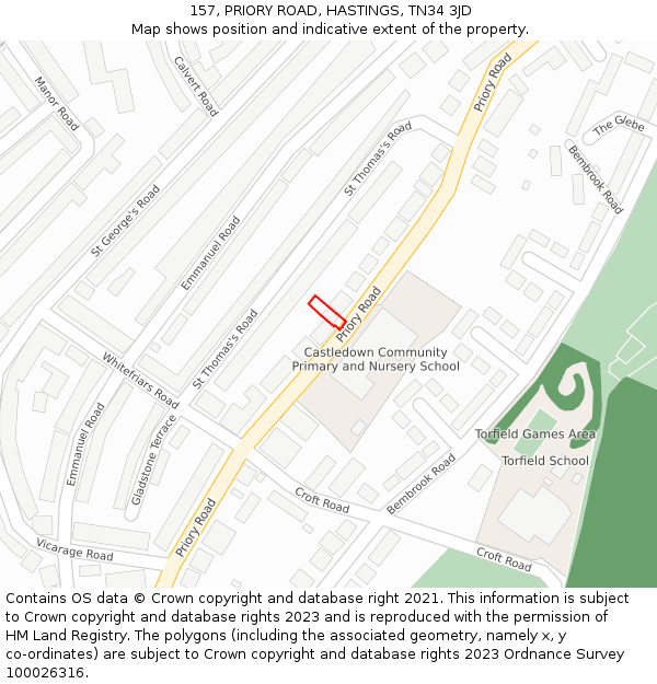 157, PRIORY ROAD, HASTINGS, TN34 3JD: Location map and indicative extent of plot