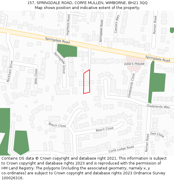 157, SPRINGDALE ROAD, CORFE MULLEN, WIMBORNE, BH21 3QQ: Location map and indicative extent of plot