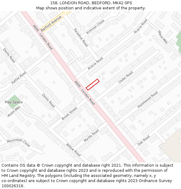 158, LONDON ROAD, BEDFORD, MK42 0PS: Location map and indicative extent of plot