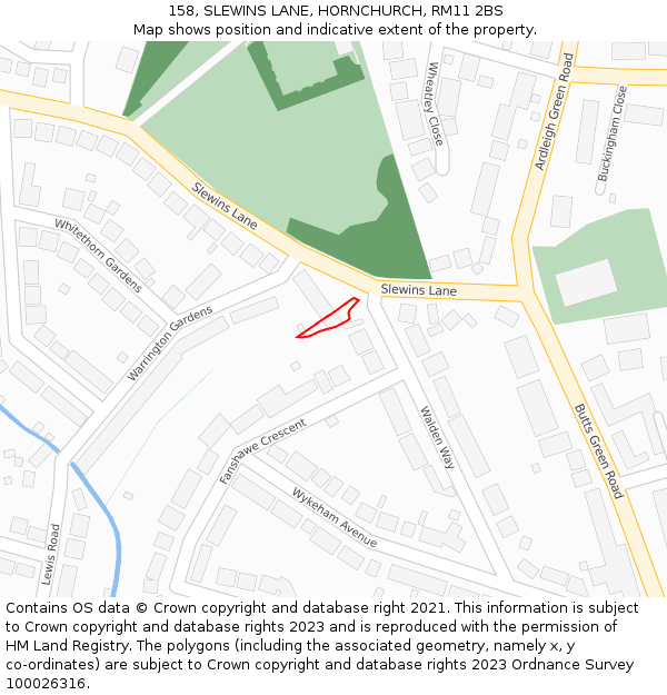 158, SLEWINS LANE, HORNCHURCH, RM11 2BS: Location map and indicative extent of plot