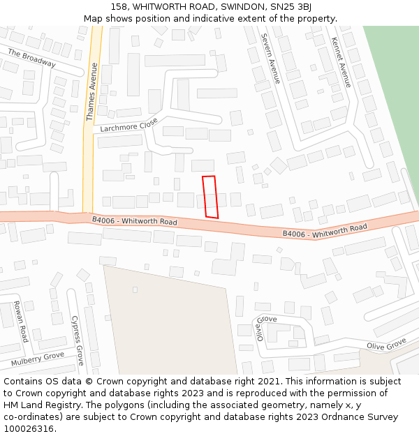 158, WHITWORTH ROAD, SWINDON, SN25 3BJ: Location map and indicative extent of plot